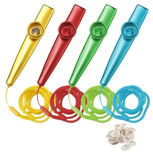 Produktbild: KLEHOPE Kazoo, 4 Stück Kazoo Instrument, Metall Kazoo Set, mit 100 Flötenmembranen, für Kinder und Musikliebhaber Anfänger