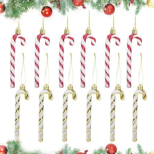 Produktbild: KLEHOPE Zuckerstangen Weihnachten, 12 Stück Zuckerstangen Weihnachtsbaum, Zuckerstangen Deko Gold Zuckerstangen Anhänger, Christbaumschmuck Zuckerstangen Christbaum Deko Zuckerstangen Deko