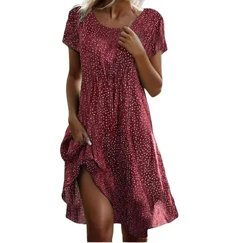 Produktbild: Kleid A Linie Damen Sommerkleid Damen Knielang Elegant Kurzärmeliges Boho-Kleid für Fraue In übergröße Lässig Lockere Passform Sommerkleid (Rd2, 4XL)