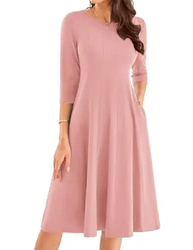 Produktbild: Kleid Damen A-Linie 3/4 Arm Swing Kleid Damen Frühling Elegantes Kleid Damen Wadenlang L Dunkelrosa -12