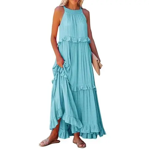 Produktbild: Sommerkleider Damen lang Elegant Kleid Blumenmuster Neckholder Rüschen Freizeitkleider mit Taschen Maxi Kleider Für Damen Sommer Amazon Essentials Damen Kleid Kleider Damen Sommer Lang 2024