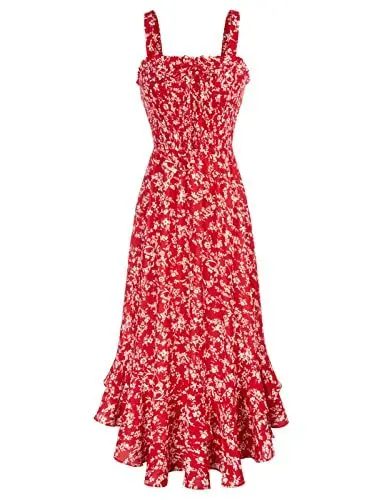 Produktbild: GRACE KARIN Strandkleider Damen Sommer Blumen Bestickt Freizeitkleid Trägerkleid Böhmisch Wickelkleid Sommerkleid S Rot-Weiße Blume