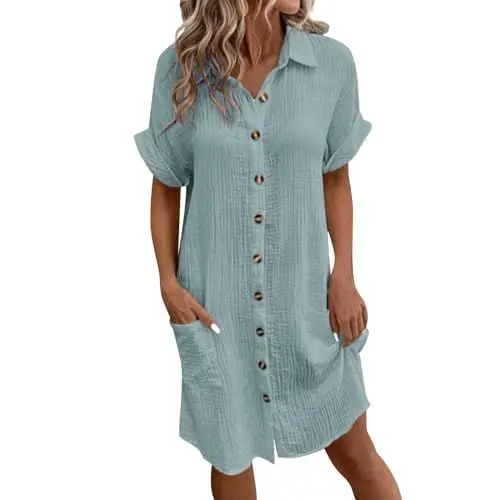 Produktbild: Kleid Damen Elegant Kurzarm Hemdkleid Damen Sommer Knielang Sommerkleider Damen Leicht Und Luftig Sommerkleid mit Taschen Locker Damenkleider mit Knopfleiste Strandkleid Luftige Casual Weite