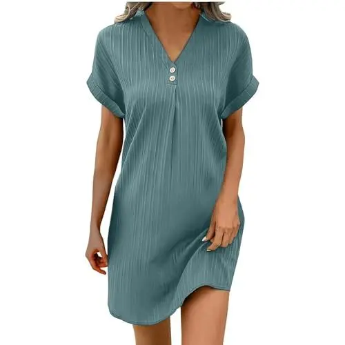 Produktbild: Kleid Damen Leinen Sommerkleid Casual Revers Style Knopfleiste Knielang Strandkleid Baumwolle Einfarbig Kurzarm Kleid Luftige Sommer Blusenkleid Freizeitkleid mit Taschen Marine-1 M