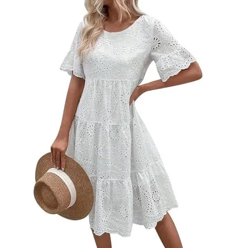 Produktbild: Kleid Damen Sommer Knielang Rüschen Sommerkleid Elegant Halbarm Sommerkleider Damen Leicht Und Luftig Kleider Frauen mit Öse Damenkleider Boho A Linie Strandkleid Schwingen Volantkleider