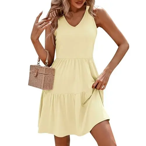 Produktbild: Kleid Damen Sommer Kurz Strandkleid V Ausschnitt Elegant Sommerkleid Damen Leicht Kleider Luftig A Linie Volantkleider Rüschen Sommerkleider Ärmellos Dünne Damenkleider Casual Einfarbig