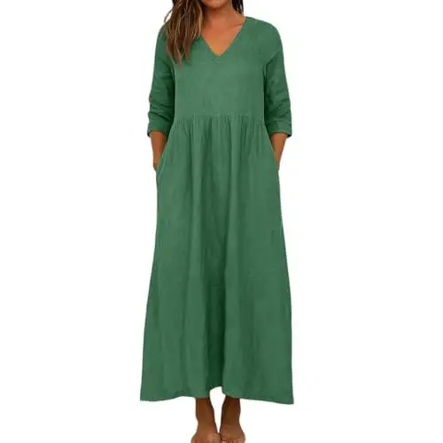 Produktbild: Kleid Damen Sommer Lang Leinenkleid Damen Frühling und Herbst Kleid 3/4 Ärmel V Ausschnitt Langes Kleider Lose Solid Farbe Baumwolle Leinen Freizeitkleid mit Taschen Grün M