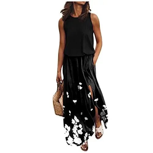 Produktbild: Kleid Mit Schlitz Maxikleider Damen Sommer Blumen Sommerkleid Damen Lang Luftige Sommerkleider Elegant A Linie Lange Kleider Frauen Elegante Damenkleider Ärmellos Maxi Strandkleid