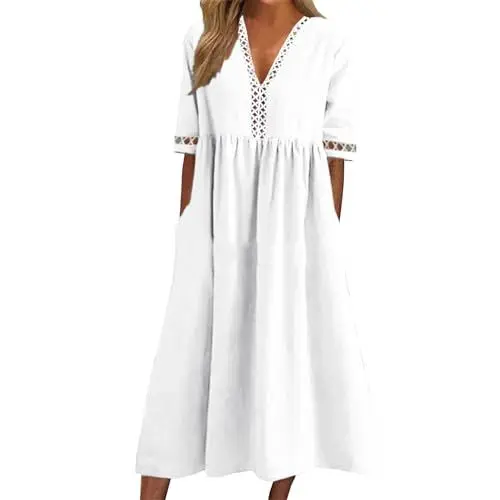 Produktbild: Kleid Sommer Lang Boho Sommerkleid Halbarm V Ausschnitt Boho-Kleid mit Taschen Sommerkleider Damen Leicht Und Luftig Bohemian Kleider Damen Elegant Damenkleider Locker A Linie Strandkleid