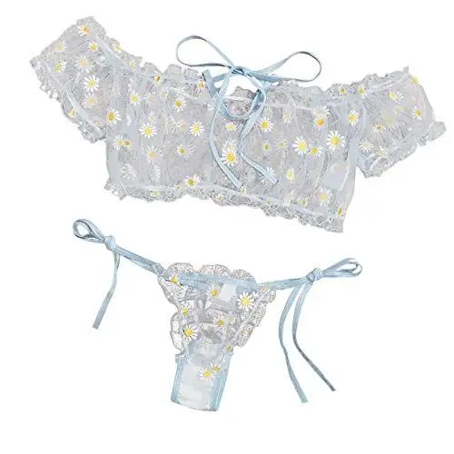 Produktbild: Kleid Transparent Damen Satin NachtwäSche Damen Thong BH Schlafanzüge Stickerei Bowknot Women Set Damenunterwäsche trägerlose Spitze WeißEs Kleid Damen Halloween Damen NachtwäSche (Blue, XXXL)