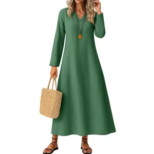 Produktbild: Kleid Weiss Damen Leinenkleid Damen Frühling und Herbst Lange Ärmel V Ausschnitt Langes Kleid Lässig Locker Baumwolle Leinen Freizeitkleid S-XXL Grün XXL