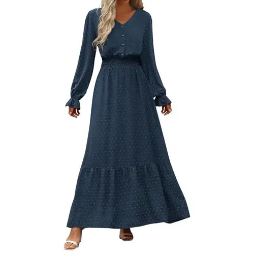 Produktbild: Kleid Winter Damen Lang Volant Kleider Damen Elegant Korsett A Linie Maxikleider Damen Langarm Herbstkleid V Ausschnitt Kleid Frauen Rüschen Punkte Damenkleider Knöpfe Casual Volantkleider