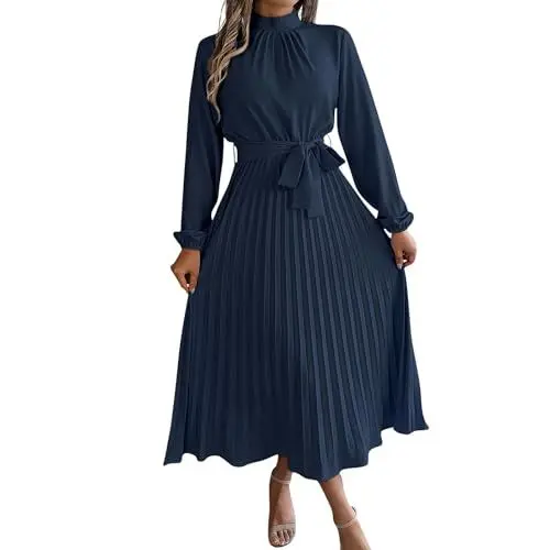 Produktbild: Kleid Winter Damen Langarm Faltenkleid Damen Elegant Stehkragen Festliche Kleider Für Damen Lang Maxikleider mit Gürtel Plisseekleid A-Linien Herbstkleid Leicht Damenkleider Einfarbig