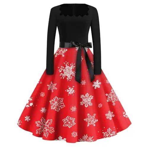 Produktbild: Kleid für Weihnachten Damen Weihnachtskleid Damen Rot Weihnachtskleid Damen Große Größen Damen Kleider Weihnachtsmode Damen Kleider-Langarm Damen Weihnachts Damen Kleid Weihnachts Rot-3Xl