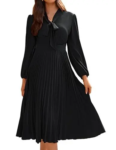 Produktbild: Swing-A-Linien-Kleid für Damen Hinten Gesmokt Langärmliges Teekleid mit Fliege Am Hals Schwarz 40