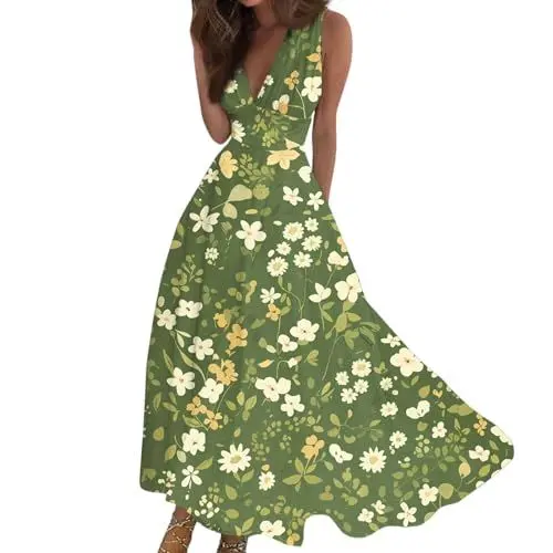 Produktbild: Kleider Damen Festlich Elegant Kleid Frauenkleidern Hochzeit Trends Sommer Maxi Ärmellos Weich Baumwoll Weiblich Türkis XL