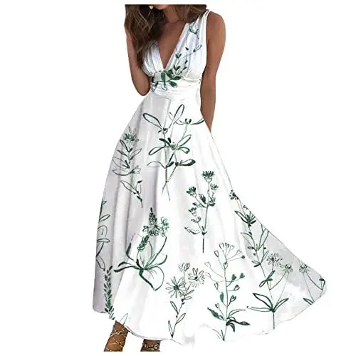 Produktbild: Kleider Damen Festlich Elegant Sexy V Ausschnitt Ärmellos Schwingen A Linie Lang Kleid Elegant Geblümt Druck Plus Größe Maxi Kleider Grün XL Abendkleider Für Mollige Firmung Kleider