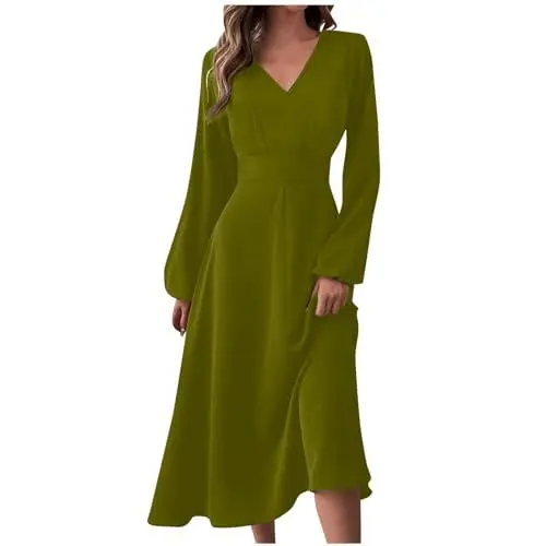 Produktbild: Kleider Damen Langarm Kleid V Ausschnitt Elegant Damenkleider Frauen A Linie Wadenlang Plissee Kleider mit ärmeln Einfarbig