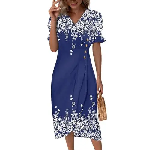 Produktbild: Kleider Damen Sommer Hochzeitskleid Kleid Hochzeitsgast Damen Curvy Weisses Kleid Damen Osterkleid Damen Blusenkleid Damen Lang Dresses for Women Party Kleid Damen Elegant Blau XL