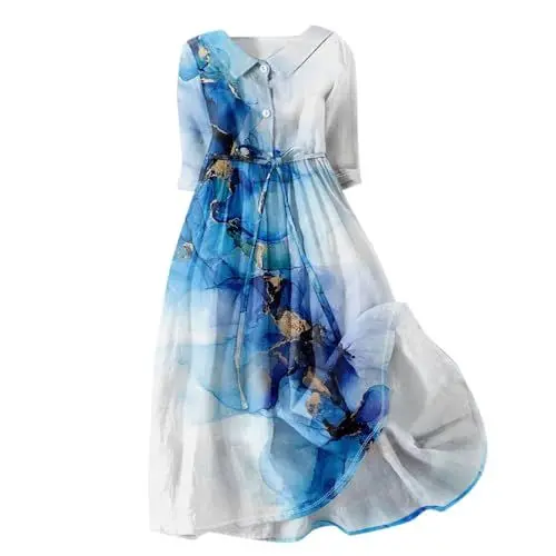 Produktbild: Kleider Damen Sommer Lang Damenkleider Elegant A Linie Leinenkleider Midi Sommerkleid Luftig Blumen Midikleid Halbarm mit Kragen Sommerkleider mit Knopfleiste Kleid mit Gürtel Schnürung