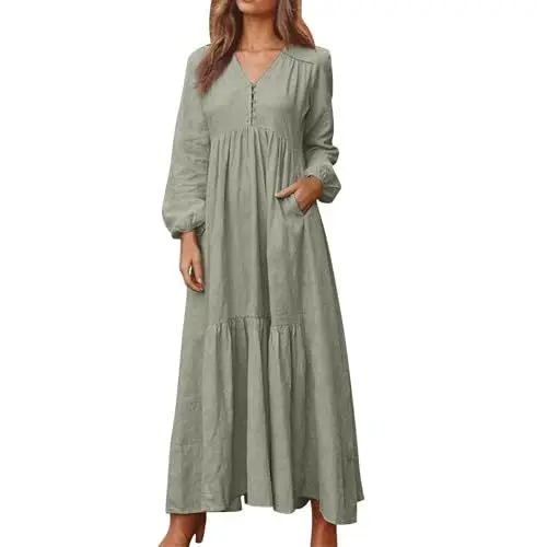 Produktbild: Kleider Langarm Damen Festlich Unter 20 Euro,Winter Dress Damen Kleid Mit Taschen Damen Damen Langarm Maxikleid Mit V-Ausschnitt, Boho Stil, Lockeres Freizeitkleid Mit Taschen, Elegantes Her