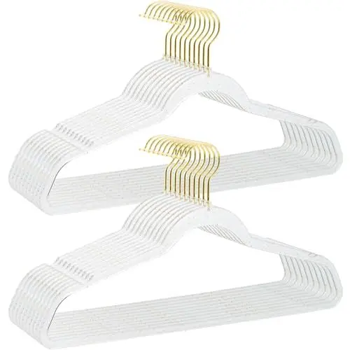 Produktbild: Kleiderbügel Kunststoff 20 Stück, Bügel Platzsparend, Rutschfest 0,4cm Dick, 41cm Breit, Hemdenbügel für Kleider Blusen Röcke, 360°Drehbaren Haken Golden-Transparente mit Goldenes Glitzerpulver, Acryl