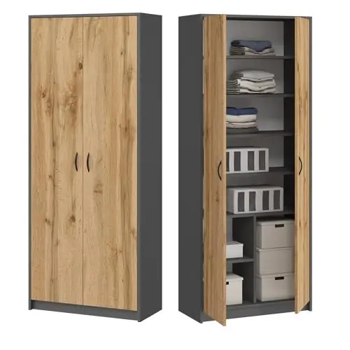 Produktbild: Kleiderschrank Mehrzweckschrank Regal grau 74cm breit 180cm hoch mit sechs Einlegeböden und Extra-Fach, Aktenschrank Haushaltsschrank Schrank Organizer aus Holz für Schlafzimmer Flur Keller Büro