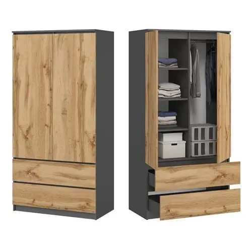 Produktbild: Kleiderschrank Schrank grau 180cm hoch 90cm breit mit 2 Schubladen, 3 Einlegeböden und Kleiderstange Haushaltsschrank Schrank Organizer mit 7 Fächern aus Holz für Schlafzimmer Flur Keller Büro