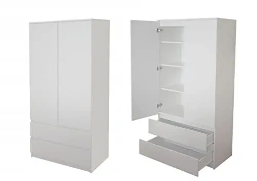Produktbild: Kleiderschrank Schrank weiß 180cm hoch 90cm breit mit 2 Schubladen, 3 Einlegeböden und Kleiderstange Haushaltsschrank Schrank Organizer mit 7 Fächern aus Holz erweiterbar auf 235cm Höhe Schlafzimmer