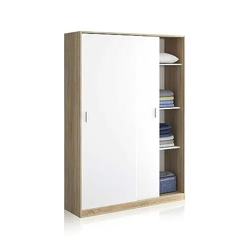 Produktbild: Kleiderschrank mit Zwei Schiebetüren und DREI Einlegeböden, Eichenfarbe und Mattweiß, Maße 120 x 200 x 50 cm