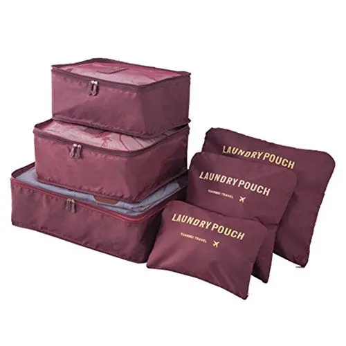 Produktbild: Kleidertaschen Set, MoreChioce 6 Stück Koffer Organizer Aufbewahrungstasche Mode Reisetasche Packing Cubes Kompression Taschen Reise Verpackungswürfel Schuhbeutel, Rotwein,EINWEG
