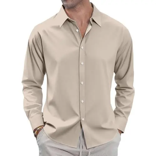 Produktbild: Kleidung Herren Hemd Langarm – Modernes Business mit Stehkragen, Einfarbig Mode Bügelfrei Atmungsaktive Shirts Men, Langarmshirts für Regular Fit Beige M