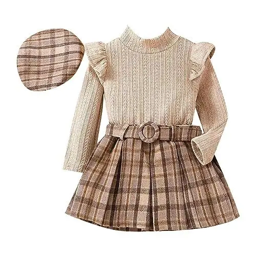 Produktbild: Kleidung Mädchen Sport Hose Mädchen Winterjacke Dreiteiliges -Set für, Mädchen, langärmelig, gerüschtes Rollkragenpullover, gestreiftes Oberteil + Karierter Onesie Kinder Stitch (Khaki, 4-5 Years)