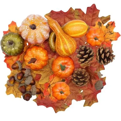 Produktbild: Klein Künstliche Kürbisse 128 Stück Künstliche Kürbisse Halloween Herbst Dekorationen Set,Kürbisse Ahornblätter Tannenzapfen Eicheln gefälschte Kürbisse für Herbstgirlande BlattAhornblätter Halloween