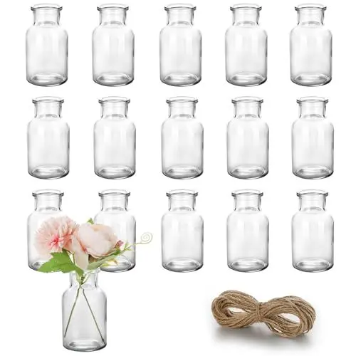 Produktbild: Kleine Glasvasen - 16er Set Kleine Vasen für Tischdeko Hochzeit - Deko Vasen Set mit 10m Juteschnur - Mini Glasvasen für Tischdeko - Spülmaschinenfest - Verpackung aus Perlbaumwolle -10.5cm Hoch