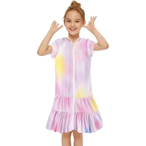Produktbild: Kleine Mädchen Schwimmen vertuschen MTI Reißverschluss Mädchen Strick Bedecken Cover Up Strandkleid Kinder-Badeanzug-Vertuschung mit Kapuze Tie Dye/Cartoon Bademantel saugfähige Frottee 2-10 Jahre