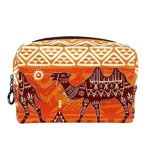 Produktbild: Kleine Make-up-Tasche für Frauen,Reise-Kosmetiktasche,Retro Orange Camel Ethno,Kosmetik-Make-up-Organizer zum Mitnehmen