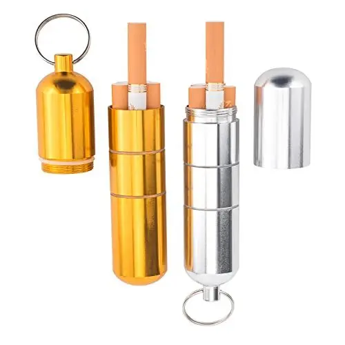 Produktbild: Kleine Zigarettenetui, Schlüsselanhänger, tragbar, Mini-Aluminium-Pillen- und Zigaretten-Organizer, Behälter für Outdoor-Camping-Ausflüge (Silber + Gold), 2 Stück
