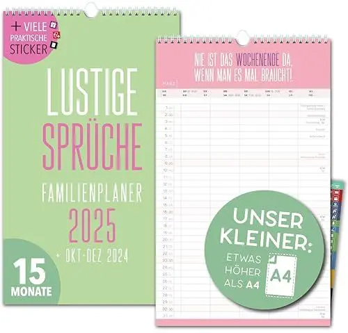 Produktbild: Kleiner Familienkalender 2025 5 Spalten LUSTIGE SPRÜCHE 19,5 x 32,5cm Familienplaner 2025 und Okt-Dez 2024 Wandkalender Wandplaner 2025 STICKER Recycling Urlaub, Pflanzkalender Witzig Spruch Humor