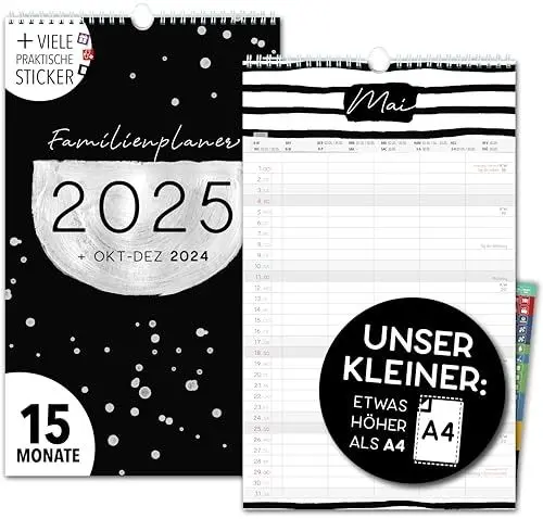 Produktbild: Kleiner Familienkalender 2025 5 Spalten SCHWARZ-WEIß 19,5 x 32,5cm Familienplaner 2025 und Okt-Dez 2024 Wandkalender Wandplaner 2025 STICKER Recycling Urlaub, Pflanzkalender black white Kunst Design