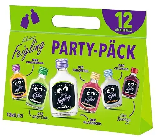 Produktbild: Kleiner Feigling Party Päck (12 x 20ml) – Der kultige Vodka-Schnaps in 6 fruchtigen Sorten – Frech, fruchtige Shots ideal für unterwegs im praktischen Mix-Paket – 15 % Vol.