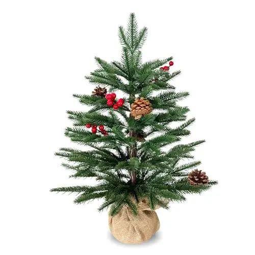 Produktbild: Kleiner Weihnachtsbaum | Tischweihnachtsbaum mit 57 PE-Spitzen, 8 Tannenzapfen, 8 Beeren | Flauschiger, vordekorierter 2-Fuß-Baum – verleiht festlichen Touch | Grün