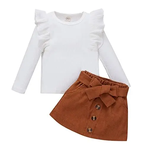 Produktbild: Kleinkind Baby Mädchen Rüschen Rundhalsausschnitt Langarm Sweatshirt Tops Fester Rock Set 2 STÜCKE Herbstkleidung Set Babyset Neugeboren Mädchen (White, 2-3 Years)