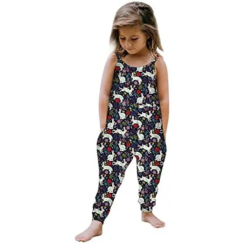 Produktbild: Kleinkind Mädchen Kinder Baby Overall 1 Stück Floral Cartoon Osterhase Playsuit Strap Strampler Outfits Kleidung Einteiler Schlafanzug Damen Weihnachten (Dark Blue, 5-6 Years)