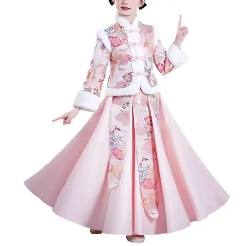 Produktbild: Kleinkind-Fee-Langarmmantel mit pelzigem Saum und chinesischen Knöpfen + einfarbige Röcke, Stickerei, Mädchen-Chunjie-Outfit Baby Girl Set New Geboren (Pink, 4-5 Years)