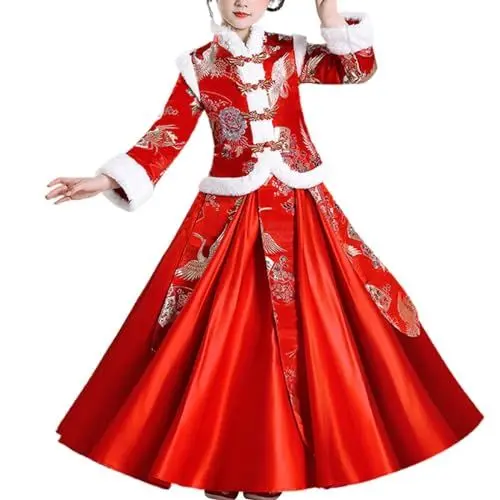 Produktbild: Jogginghose Teenager Mädchen Top Mädchen Kleinkind-Fee-Langarmmantel mit pelzigem Saum und chinesischen Knöpfen + einfarbige Röcke, Stickerei, Sweatshirt Mädchen Downtown Girl Clothes (Red, 2-3 Years)