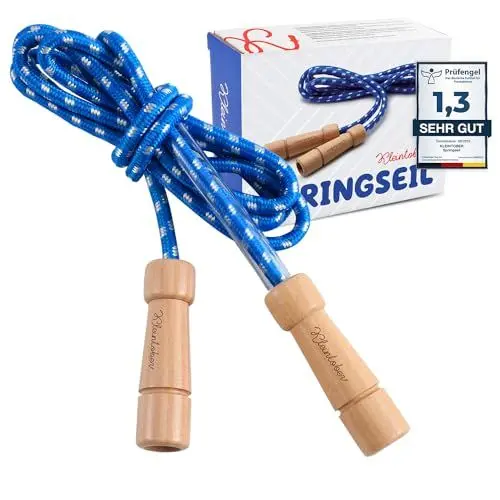Produktbild: KLEINTOBER Premium Springseil Kinder I Hüpfseil Set I Seil mit Mitteverstärker I 220cm I verstellbar I blau I Anleitung für Seilspringen I Urkunde für Motivation I ideal als Geschenk