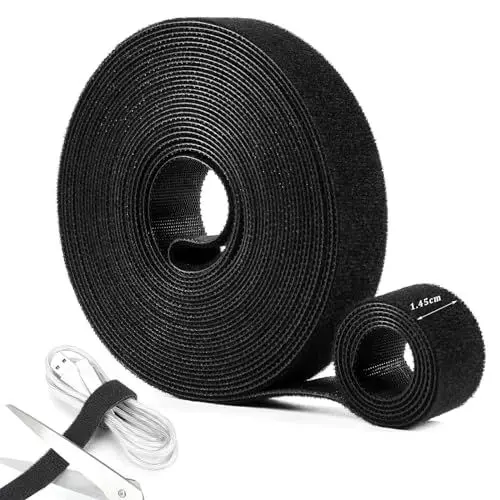 Produktbild: Klettband Kabelbinder Schwarz, 10Mx1.45CM Klettverschluss Selbstklebend Kabelbinder Wiederverschließbar Kabelorganizer, Wiederverwendbare Klettbänder Rolle für Kabel Pflanze Yogamatt Organizer