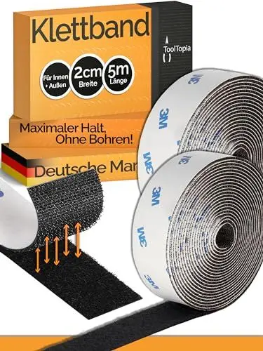 Produktbild: Klettband Selbstklebend Extra Stark Outdoor & Indoor (3M Markenkleber), 20mmx5m schwarz, Klett I Klettverschluss Klebeband, Velcro Tape für DIY, Basteln, Haushalt, Nähen...ToolTopia Handwerksqualität