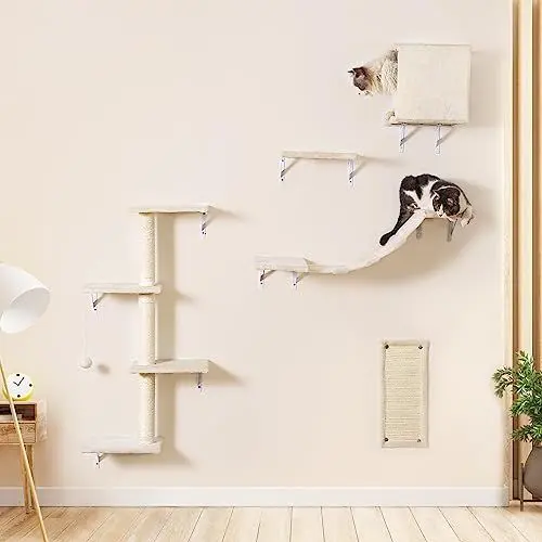 Produktbild: Kletterwand Katzen Set - 5-teiliges Katzen-Wandregale, Stabiler Holzkletterer für Katzen, Wandpark mit Katzenhaus, Katzenbrücke, Katzenbaum, Katzentreppe und Kratzbrett für Katzen (Beige)